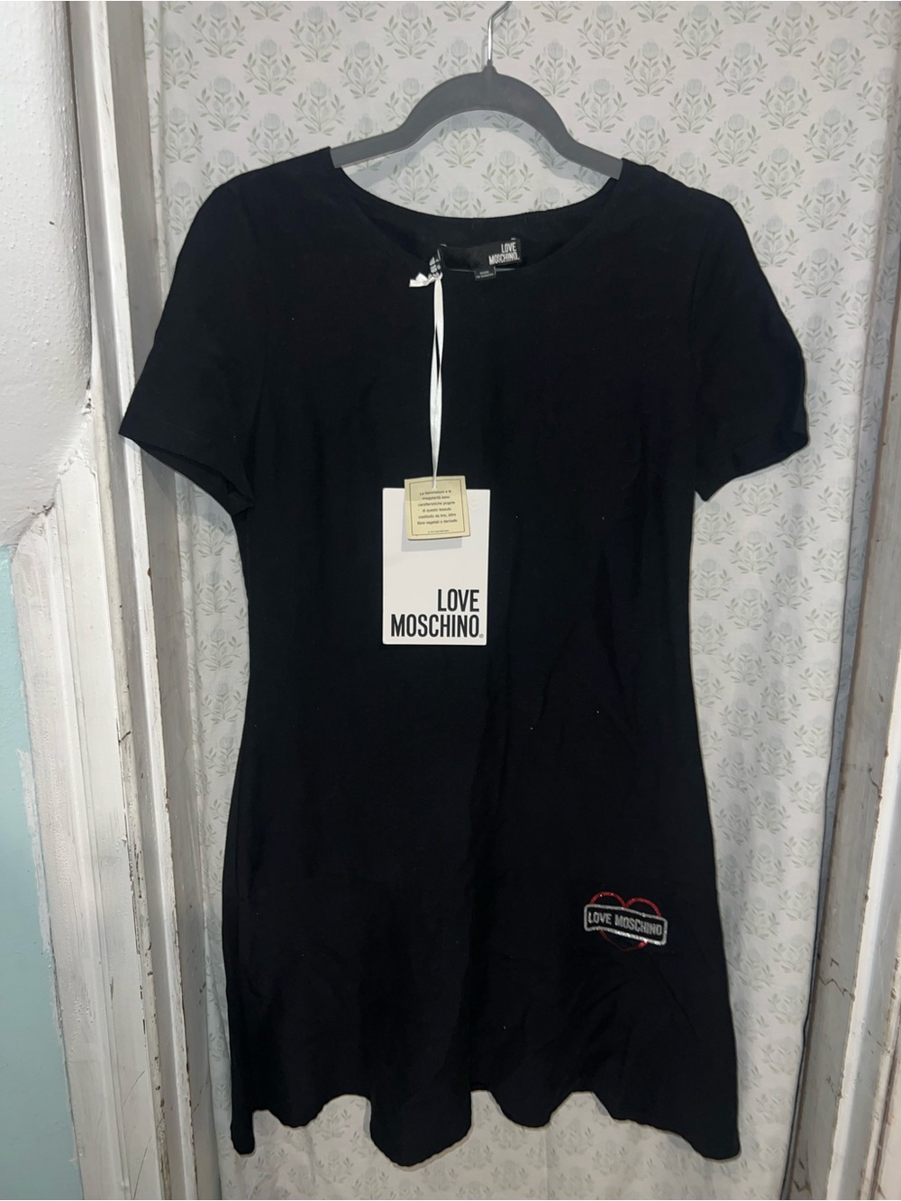 Love Moschino Black Short Sleeve Mini Dress with Logo Patch